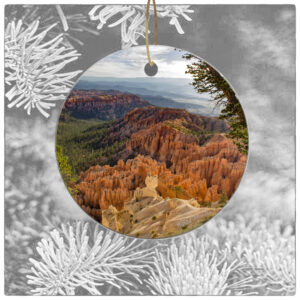 Bryce Canyon Summer Ornament featuring a sweeping summer view of colorful hoodoos and green vegetation at Bryce Canyon National Park, Utah, photography by Koral Martin.