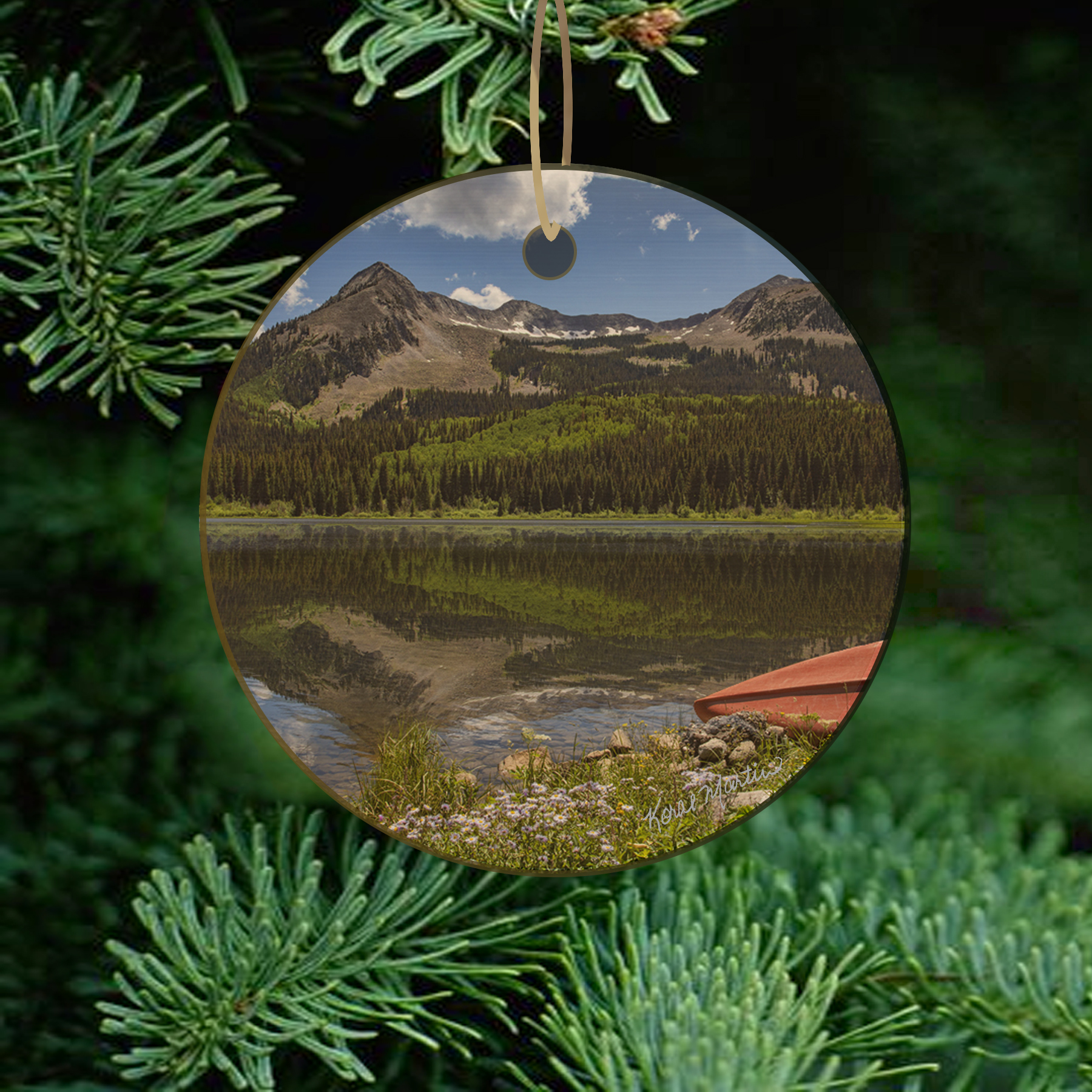 Rustic wood Colorado Lake Ornament featuring Colorado Serenity, a red canoe beside a mountain lake near Crested Butte, Colorado.